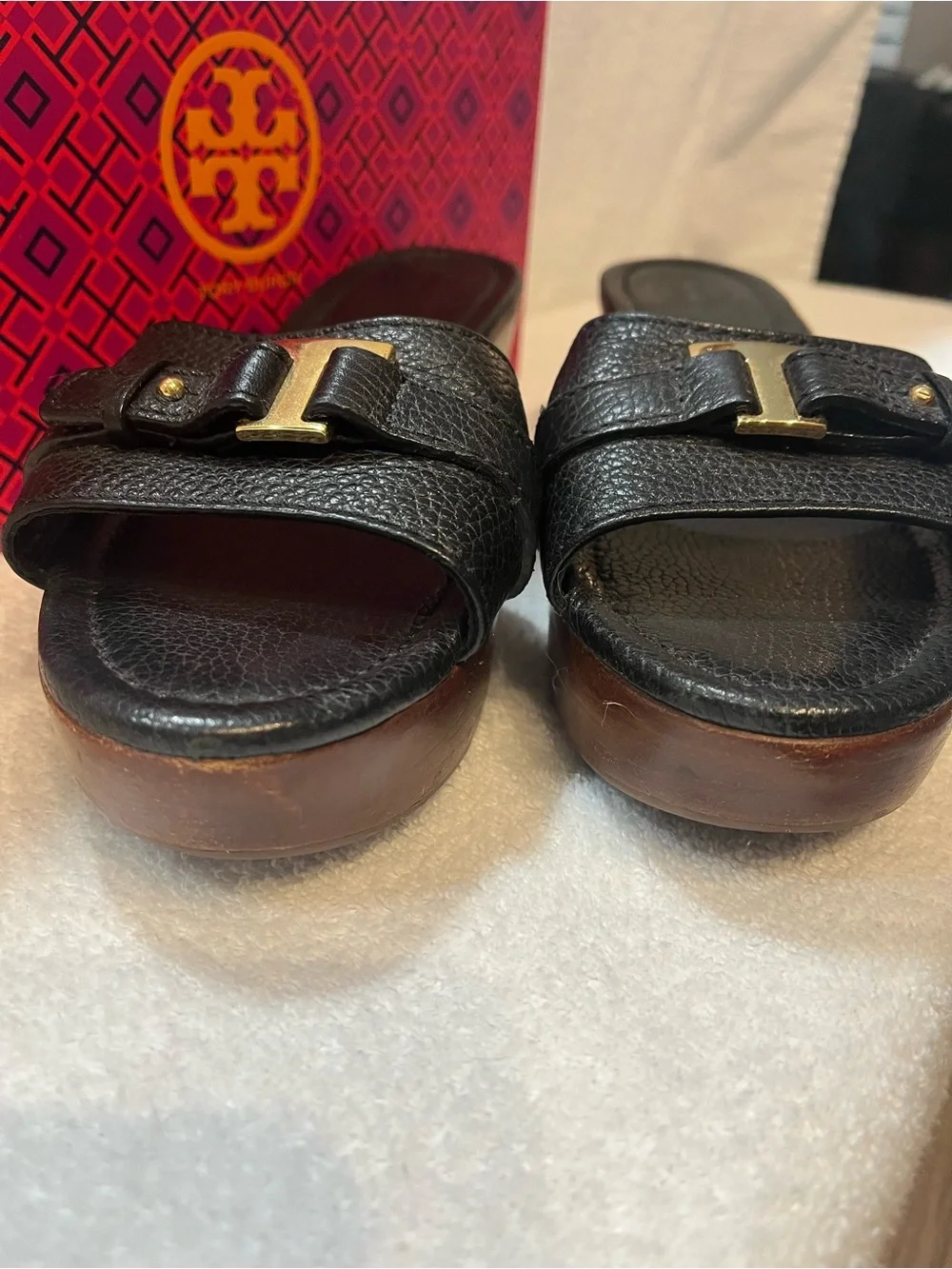 Tory Burch Elina Black Leather Slide Sandals - Size 9